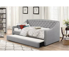 Single/Single Grey Fabric Day Bed with Nailhead Accents- Pull Out Trundle | free-classifieds-canada.com - 1