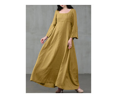 Women Solid Color Square Neck Ruffles Sleeve Zipper Loose Casual Maxi Dress | free-classifieds-canada.com - 2