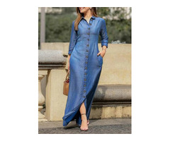 Women's Jean Solid Button Long Sleeve Solid Ankle-Length Dress | free-classifieds-canada.com - 1