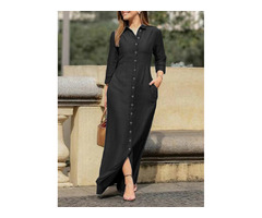 Women's Jean Solid Button Long Sleeve Solid Ankle-Length Dress | free-classifieds-canada.com - 2